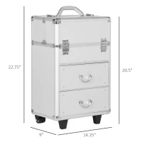 HOMCOM Rolling Makeup Train Case, Large Storage Cosmetic Trolley, Lockable Traveling Cart Trunk with Folding Trays, Swivel Wheels and Keys, Silver(m-3)