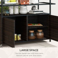 Outsunny 2-Tier PE Rattan Outdoor Bar Cart, Glass Top Outdoor Kitchen Island with Cabinet, Mixed Brown(m-6)