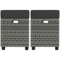 Outsunny 2 PCS Patio Wicker Ottoman Set, Square Outdoor PE Rattan Footrest with Removable Cushion for Backyard, Grey(m-2)