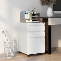Vinsetto 3 Drawer File Cabinet with Lock, Steel Vertical Filing Cabinet with 5 Wheels and Hanging Bar for A4/Legal/Letter Size Files, Printer Stand with Pre-Assembled Body, White(m-1)