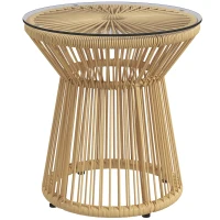 Outsunny Round End Table, Rattan Side Table, Hollow Drum Design Coffee Table w/ Glass Tabletop for Patio, Garden, Balcony, Beige(m-2)