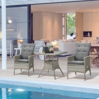 Outsunny 3 Piece Patio Bistro Set, PE Wicker Furniture Conversation Set w/ Tufted Cushion Reclining Chairs & Coffee Table, Gray(m-2)