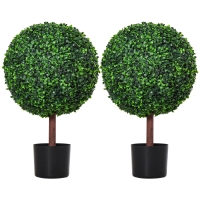 Outsunny 23.5" Artificial Boxwood Topiary Ball Tree, Fake Decorative Plant, Nursery Pot Included for Home, Balcony, Backyard and Garden, Set of 2, Green