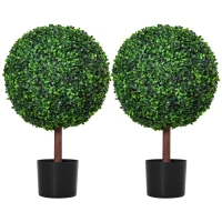 Outsunny 23.5" Artificial Boxwood Topiary Ball Tree, Fake Decorative Plant, Nursery Pot Included for Home, Balcony, Backyard and Garden, Set of 2, Green(m-1)