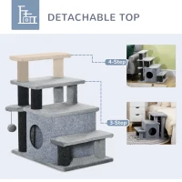 PawHut Adjustable Height 3 Step/4 Step Cat Stairs with Cat Scratching Post, Cat Condo, Toy Ball, for Bed, Sofa, Couch, Gray(m-4)