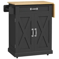 HOMCOM Foldable Kitchen Island with Storage Drawer, Farmhouse Rolling Utility Cart on Wheels with Drop-Leaf Wood Top, Black(m-2)