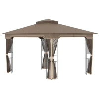 Outsunny 10' x 12' Patio Gazebo, Double Roof Outdoor Canopy Shelter with Corner Frame and Mesh Netting for Garden, Lawn, Backyard and Deck, Brown(m-11)