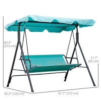 Outsunny 3-Seater Outdoor Porch Swing with Adjustable Canopy, Patio Swing Chair for Garden, Poolside, Backyard, Teal(m-3)