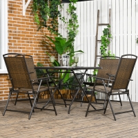 Outsunny 5 Pieces Folding Rattan Patio Table and Chairs for 4 with Umbrella Hole, Tempered Glass Top, Dark Brown
