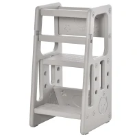 Qaba Toddler Tower with Adjustable Height, Toddler Kitchen Stool Helper with Anti-slip Mat, Step Stool for Kitchen, Bathroom, Gray(m-11)