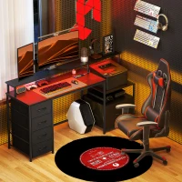 HOMCOM Computer Desk with Power Outlets and LED Lights, 67" Computer Table with File Cabinet and Fabric Drawers, Black(m-2)