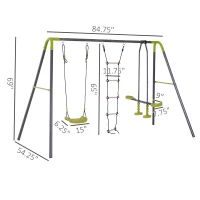 HOMCOM 3 in 1 Kids Metal Swing Set for Backyard with Swing Seat, Glider and Climbing Ladder, Heavy Duty Metal Frame for 4 Children(m-3)