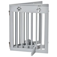 PawHut Freestanding Pet Gate 4 Panel Wooden Dog Barrier Folding Safety Fence with Support Feet for Doorway Stairs Light Grey(m-9)