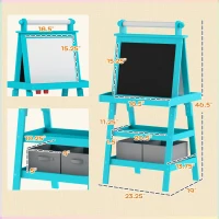 Qaba Double Sided Easel for Kids, Standing Toddler Easel with Paper Roll, Magnetic Whiteboard, Chalkboard & Storage, Blue(m-3)