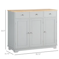 HOMCOM Kitchen Storage Cabinet, Sideboard Floor Cupboard with Solid Wood Top, Adjustable Shelf, and 3 Drawers, Gray(m-3)