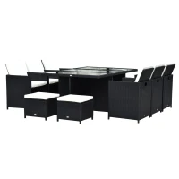 Outsunny 11 Pieces Wicker Patio Dining Set Outdoor Furniture Set with Removable Cushions, Glass Top Dining Table, PE Rattan Conversation Set for Garden Poolside Backyard, Black(m-11)