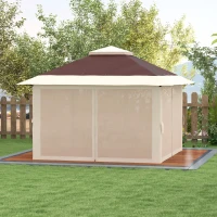 Outsunny 13' x 13' Pop Up Gazebo Instant Canopy Tent Shelter with 2-Tier Roof, Carry Bag, Wight Bags for Outdoor, Garden, Brown(m-10)