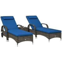 Outsunny Patio Wicker Chaise Lounge Chair Set of 2 with Table, Adjustable Backrest, Wheels, Cushion & Headrest, Blue(m-11)