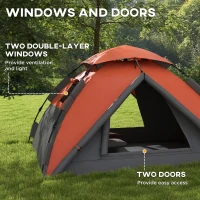 Outsunny Pop up Camping Tent, 3-4 Man Family Tent, 3000mm Waterproof, with Carry Bag and Top Hook, Grey and Orange(m-6)