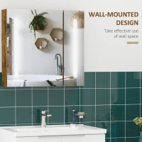 kleankin Lighted Medicine Cabinet with Mirror, 27.5" x 25.5" Wall Mounted Dimmable Bathroom Mirror Cabinet with 3-Tier Storage Shelves, LED Lights, Smart Touch and USB Charge, Dark Wood Grain(m-4)