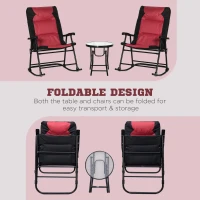 Outsunny 3 Piece Outdoor Patio Furniture Set with Glass Coffee Table & 2 Folding Padded Rocking Chairs, Bistro Style for Porch, Camping, Balcony, Red(m-5)