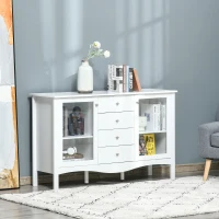 HOMCOM Sideboard Buffet, Kitchen Cabinet, Coffee Bar Cabinet with Glass Doors, Drawers and Adjustable Shelves, White(m-4)