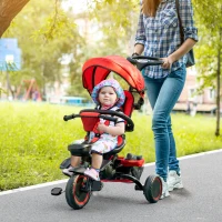 Aosom 6-in-1 Toddler Tricycle for 12-50 Months, Foldable Kids Trike with Adjustable Seat and Push Handle, Safety Harness, Removable Canopy, Footrest, Red(m-1)
