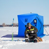 Outsunny 2 Person Ice Fishing Shelter, Pop-Up Portable Ice Fishing Tent with Carry Bag, Windows and Anchors for Low-Temp -22℉, Blue(m-10)