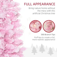HOMCOM 6 Foot Prelit Snow Flocked Artificial Christmas Tree with Pencil Shape, 500 Pine Realistic Branches, Warm White LED lights, Auto Open, Pink and White(m-5)