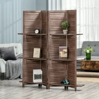 HOMCOM Room Divider, 4 Panel 67" Tall Wood Privacy Screen with 3 Display Shelves, and Folding Storage for Bedroom or Home Office, Walnut(m-2)