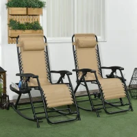 Outsunny 2 Outdoor Rocking Chairs Foldable Reclining Zero Gravity Lounge Rockers w/ Pillow Cup & Phone Holder, Beige(m-10)