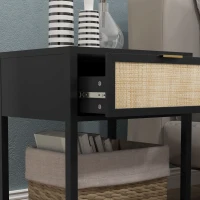 HOMCOM Boho Nightstand, Bedside Table with Rattan Drawer and Open Shelf, Side End Table for Bedroom, Living Room, Black(m-10)