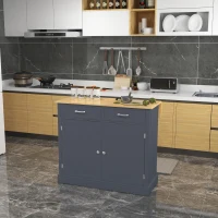 HOMCOM Kitchen Island with Drop Leaf, Rolling Kitchen Cart with 2 Drawers, Adjustable Shelves and Wood Countertop, Dark Grey(m-8)