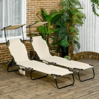 Outsunny Folding Chaise Lounge Pool Lounge Chairs Set of 2, Outdoor Sun Tanning Chairs with Canopy Shade, Reclining Back, Steel Frame and Side Pocket for Beach, Yard, Patio, Tan(m-2)