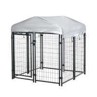 PawHut Outdoor Dog Kennel with Roof, 4' x 4' x 4.5' Heavy Duty Welded Wire Dog Playpen Enclosure with Escape-proof Lock, UV-Resistant & Waterproof Cover, for Medium Dogs, Chickens, Ducks, Silver(m-1)