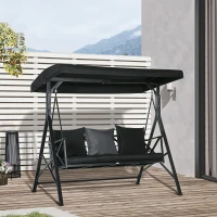 Outsunny 3-Seat Patio Swing Chair, Porch Swing Glider with Cushion, 3 Throw Pillows & Adjustable Canopy for Porch, Garden, Poolside, Backyard, Black(m-10)