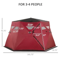 Outsunny 4 Person Insulated Ice Fishing Shelter, 360-Degree View, Pop-Up Portable Ice Fishing Tent with Carry Bag, Two Doors and Anchors for Low-Temp -22℉, Red(m-3)