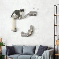 PawHut Cat Wall Shelf with Scratching Post, Cat Wall Shelves for Relaxing, Climbing, Cat Wall With Soft Ladder and Play Ball, Grey(m-8)