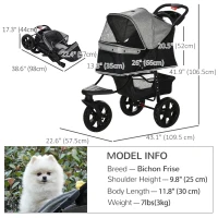 PawHut 3 Wheel Folding Dog Stroller, Travel Carrier with Adjustable Canopy, Storage Brake, Mesh Window for S&M Dogs Grey(m-3)