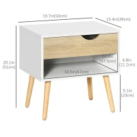HOMCOM Set of 2 Bedside Table with Drawer and Shelf, Modern Nightstand with Wooden Legs, End Table for Bedroom, White(m-3)