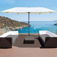 Outsunny 15' Outdoor Patio Umbrella with Twin Canopy Sunshade Steel Table Umbrella w/ Lift Crank, Cross base, Sandbag, Beige(m-8)