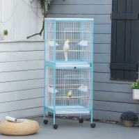 PawHut 55.1" 2 In 1 Bird Cage Aviary Parakeet House for finches, budgies with Wheels, Slide-out Trays, Wood Perch, Food Containers, Light Blue(m-8)