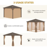 Outsunny 10' x 10' Hardtop Gazebo with Curtains and Netting, Permanent Pavilion Metal Single Roof Gazebo Canopy with Aluminum Frame and Hooks, for Garden, Patio, Backyard, Light Brown(m-5)
