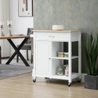 HOMCOM Kitchen Island Cart, Rolling Kitchen Island with Storage Shelf, Solid Wood Top, Drawer, for Dining Room, White(m-2)