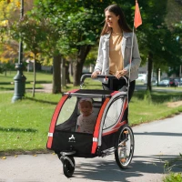 Aosom 2-in-1 Walk/Ride Child Baby Bike Trailer for Kids 2 Seater, High-Visibility Bike Stroller for Toddler Wagon, Weather-Strong Double Bicycle Trailer Accessory for Kids, Red(m-10)