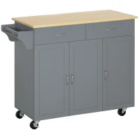 HOMCOM Kitchen Cart with Storage, Rolling Kitchen Island on Wheels with Bamboo Countertop, Drawers, Cabinets, 3 Doors, Grey(m-2)
