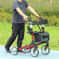 HOMCOM Lightweight Folding Rolling Walker with Large Seat, Back, Adjustable Handle, Bag, Dual Brake, Cane Holder, Red(m-1)