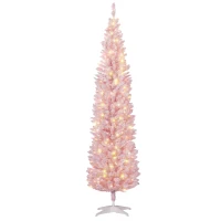 HOMCOM 7ft Pencil Christmas Tree, Slim Artificial Christmas Tree with Snow Flocked Branches and Warm White LED Lights, Pink(m-1)