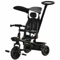Qaba Kids Tricycle 4 In 1 Trike with Reversible Angle Adjustable Seat Removable Handle Canopy Handrail Belt Storage Footrest Brake Clutch for 1-5 Years Old Black(m-11)