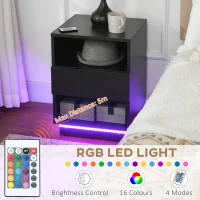 HOMCOM LED Nightstand, Bedside Table with LED Lights, Drawer, 2 Shelves, Remote, Side Table for Living Room, Bedroom(m-4)